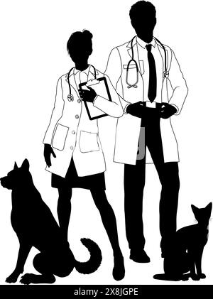 Homme et femme vétérinaires chien et chat animaux Silhouette Illustration de Vecteur