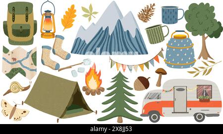 Ensemble d'articles de camping et de randonnée. Aventure nature clipart. Eléments isolés, illustrations de vacances d'été Banque D'Images