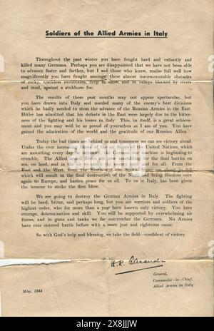 Une circulation aux soldats des armées alliées en Italie du général Alexandre en mai 1944 avant la bataille finale de Cassino. Il rend compte de l'ampleur des difficultés rencontrées dans le cadre de la campagne jusqu'à cette époque. Banque D'Images