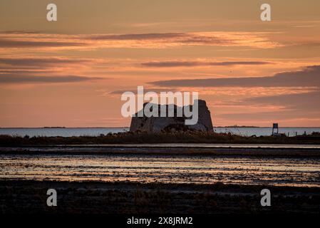 Tour Sant Joan, dans le delta de l'Èbre, sur un coucher de soleil d'hiver (Montsià, Tarragone, Catalogne, Espagne) ESP : Torre de Sant Joan, en el Delta del Ebro, España Banque D'Images