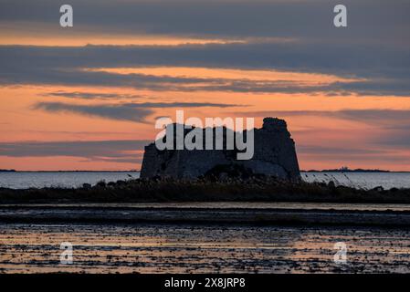 Tour Sant Joan, dans le delta de l'Èbre, sur un coucher de soleil d'hiver (Montsià, Tarragone, Catalogne, Espagne) ESP : Torre de Sant Joan, en el Delta del Ebro, España Banque D'Images