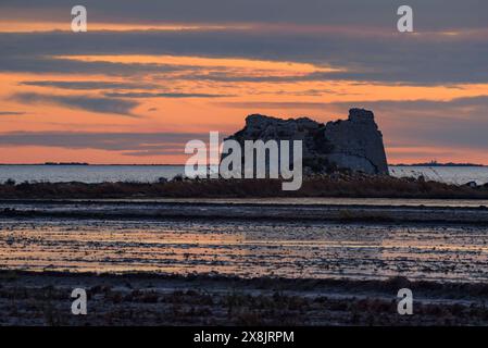 Tour Sant Joan, dans le delta de l'Èbre, sur un coucher de soleil d'hiver (Montsià, Tarragone, Catalogne, Espagne) ESP : Torre de Sant Joan, en el Delta del Ebro, España Banque D'Images