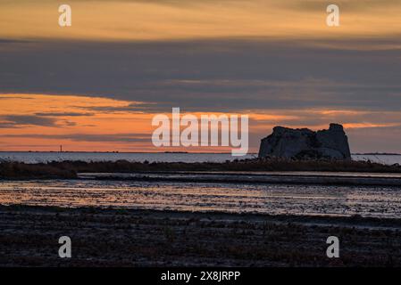 Tour Sant Joan, dans le delta de l'Èbre, sur un coucher de soleil d'hiver (Montsià, Tarragone, Catalogne, Espagne) ESP : Torre de Sant Joan, en el Delta del Ebro, España Banque D'Images