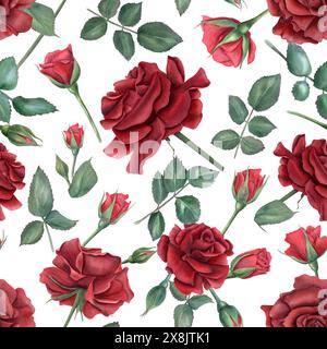 Motif sans couture rose rouge profond. Fleurs de rubis et feuilles vertes sur les tiges. Fleurs roses de jardin d'été avec des bourgeons. Illustration aquarelle Banque D'Images