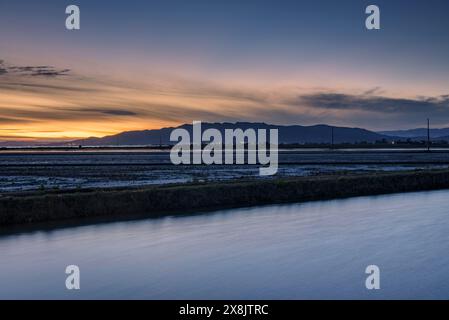 Coucher de soleil hivernal derrière la chaîne de montagnes Montsià vu du delta de l'Èbre (Montsià, Tarragone, Catalogne, Espagne) Banque D'Images