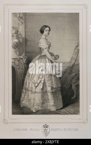 Adelheid-Marie d'Anhalt-Dessau (1833-1916) Duchesse consort de Nassau (1851-1866) par son mariage en 1851 avec Adolphe (1817-1905), duc de Nassau. Grande duchesse consort de Luxembourg (1890-1905). Portrait de la duchesse de Nassau. Dessin de J. Vallejo. Lithographie de J. Donón. Reyes Contemporáneos (Rois contemporains). Volume III publié à Madrid, 1854. Auteur : José Vallejo (1821-1882). Illustrateur espagnol. Julio Donón. Artiste espagnol actif de 1840 à 1880. Banque D'Images