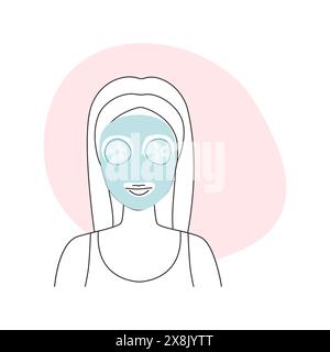 Fille utilisant le masque d'alginate pour la peau de visage et les cercles de concombre sur l'illustration vectorielle d'icône de ligne d'yeux Illustration de Vecteur