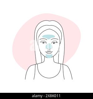 Fille utilisant des bandes de nettoyage pour les pores sur l'illustration vectorielle d'icône de ligne de peau de visage Illustration de Vecteur