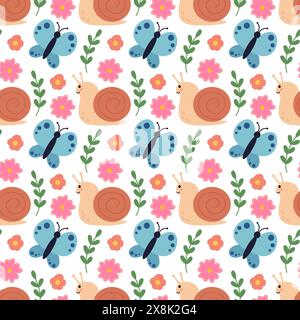 Motif sans couture mignon et confortable avec escargot, papillon, branches et fleurs. Arrière-plan des enfants. Flore et faune printanières ou estivales. Vecteur plat Illustration de Vecteur