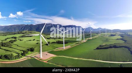 Une vue panoramique sur un parc éolien au milieu d'un champ verdoyant et des montagnes en arrière-plan Banque D'Images