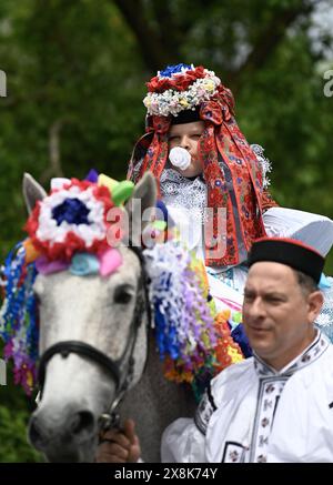 Vlcnov, République tchèque. 26 mai 2024. La traditionnelle Ride of the Rois a eu lieu à Vlcnov, en République tchèque, le 26 mai 2024. Le point culminant des célébrations est la procession du roi et de son entourage sur des chevaux décorés, qui traverse tout le village. Sur la photo est vu le roi Frantisek Janca de cette année. Crédit : Dalibor Gluck/CTK photo/Alamy Live News Banque D'Images