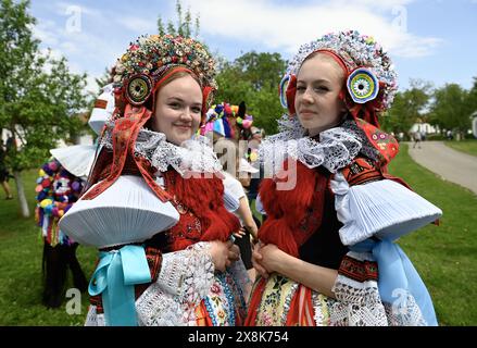 Vlcnov, République tchèque. 26 mai 2024. La traditionnelle Ride of the Rois a eu lieu à Vlcnov, en République tchèque, le 26 mai 2024. Le point culminant des célébrations est la procession du roi et de son entourage sur des chevaux décorés, qui traverse tout le village. Crédit : Dalibor Gluck/CTK photo/Alamy Live News Banque D'Images