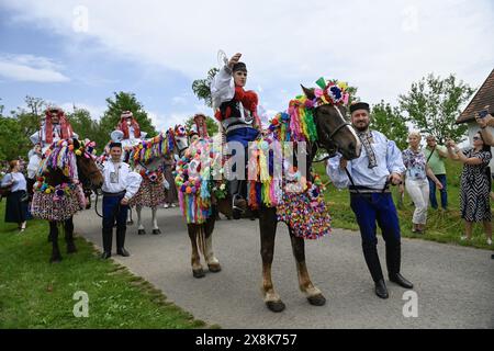 Vlcnov, République tchèque. 26 mai 2024. La traditionnelle Ride of the Rois a eu lieu à Vlcnov, en République tchèque, le 26 mai 2024. Le point culminant des célébrations est la procession du roi et de son entourage sur des chevaux décorés, qui traverse tout le village. Crédit : Dalibor Gluck/CTK photo/Alamy Live News Banque D'Images