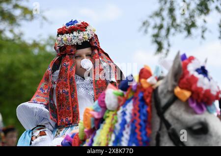 Vlcnov, République tchèque. 26 mai 2024. La traditionnelle Ride of the Rois a eu lieu à Vlcnov, en République tchèque, le 26 mai 2024. Le point culminant des célébrations est la procession du roi et de son entourage sur des chevaux décorés, qui traverse tout le village. Sur la photo est vu le roi Frantisek Janca de cette année. Crédit : Dalibor Gluck/CTK photo/Alamy Live News Banque D'Images