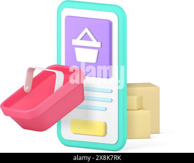 Achat en ligne supermarché livraison de marché application smartphone 3d icône illustration vectorielle réaliste. Boutique en ligne application pour téléphone mobile ou Illustration de Vecteur