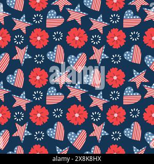 Modèle sans couture dessiné à la main avec fleur de coquelicot, drapeau américain, étoiles et coeurs. Conception vectorielle 4 juillet. Illustration de Vecteur