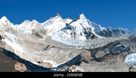 Mont Everest Lhotse et Nuptse du côté du Népal vu du camp de base de Pumori, illustration vectorielle, Mont Everest 8 848 m, vallée de Khumbu, Sagarmatha nati Illustration de Vecteur