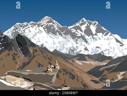 Mont Lhotse et Nuptse face rocheuse sud et sommet du pic de l'Everest, illustration vectorielle, vallée de Khumbu, région de l'Everest, montagnes de l'himalaya du Népal Illustration de Vecteur
