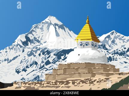 Pic du mont Dhaulagiri et stupa bouddhiste ou chorten, bouddhisme dans les montagnes de l'himalaya au Népal Illustration de Vecteur