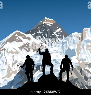 Mont Everest et Nuptse du côté népalais comme vu de Kala Patthar pic avec silhouette noire de trois grimpeurs avec glace hache en main, vecteur illustrae Illustration de Vecteur