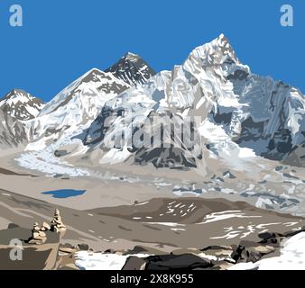 Mont Everest et Nuptse du côté du Népal vu du pic Kala Patthar avec pyramide de pierre, illustration vectorielle, Mont Everest 8 848 m, vallée de Khumbu, sa Illustration de Vecteur