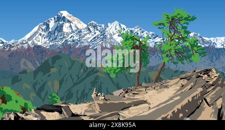 Pic du mont Dhaulagiri vu du col de Jaljala et des arbres, illustration vectorielle, montagnes de l'Himalaya du Népal Illustration de Vecteur