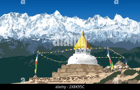 Stupa bouddhiste ou chorten, chemin vers le camp de base du mont Everest, montagnes de l'himalaya, bouddhisme dans la vallée de Khumbu sous le mont Everest, Népal Illustration de Vecteur