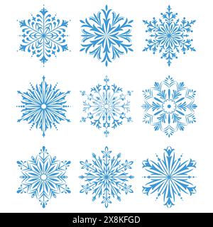 Collection Snowflakes Icon. Flocons de neige bleus sur fond blanc. Ornement vectoriel graphique. Illustration de Vecteur