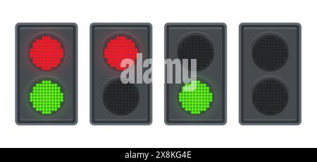 Icône de feu tricolore définie avec feu rouge et vert. Lampe LED construction routière et équipement de réglementation de sécurité. Illustration clip art vectorielle. Illustration de Vecteur