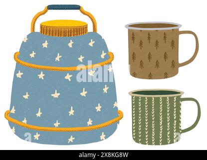 Thermos et mugs. Ensemble d'articles de camping et de randonnée. Thé et café. Aventure nature clipart. Eléments isolés Banque D'Images