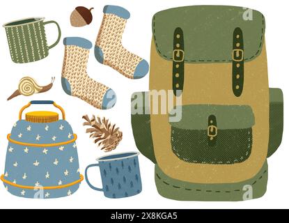 Ensemble d'articles de camping et de randonnée. Aventure nature clipart. Eléments isolés, illustrations de vacances d'été, camp, thermos à thé et mugs, sac à dos, chaussettes Banque D'Images