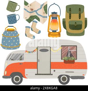 Ensemble d'articles de camping et de randonnée. Aventure nature clipart. Eléments isolés, illustrations de vacances d'été, camp Banque D'Images