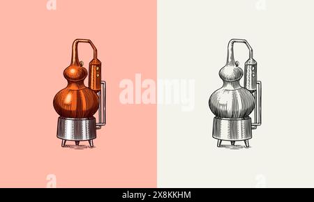 Alcool distillé. Dispositif de préparation de la tequila, du cognac et des spiritueux. Dessin vintage gravé à la main. Style de coupe de bois. Illustration vectorielle du menu Illustration de Vecteur