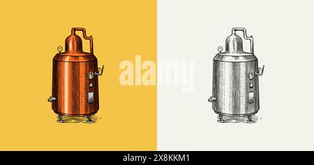 Alcool distillé. Dispositif de préparation de la tequila, du cognac et des spiritueux. Dessin vintage gravé à la main. Style de coupe de bois. Illustration vectorielle du menu Illustration de Vecteur