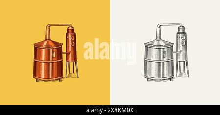 Alcool distillé. Dispositif de préparation de la tequila, du cognac et des spiritueux. Dessin vintage gravé à la main. Style de coupe de bois. Illustration vectorielle du menu Illustration de Vecteur