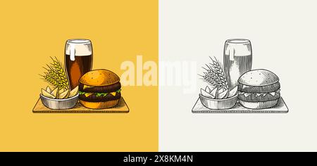 Bière, alcool classique. Tasse en verre avec boisson. Hamburger avec pommes de terre. Santé toast. Gravé à l'encre dessiné à la main dans un vieux croquis pour oktoberfest. Vintage Illustration de Vecteur
