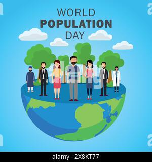 Illustration vectorielle plate de la Journée mondiale de la population avec la carte du monde, la terre et le groupe de personnes diverses colorées Illustration de Vecteur
