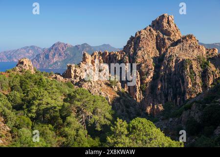 Piana, Corse-du-Sud, Corse, France. Falaises de granit rouge des calanques surplombant le golfe de Porto classé au patrimoine mondial de l'UNESCO, Capo Senino en arrière-plan. Banque D'Images