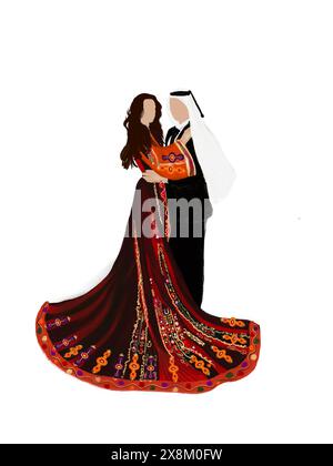 Illustration d'un couple palestinien dans leur tenue folklorique Banque D'Images