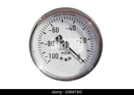 Vieux manomètres industriels circulaires isolés sur fond blanc. Banque D'Images