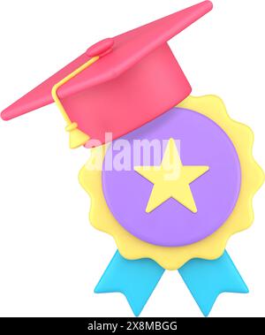 Chapeau de graduation de réalisation éducative et médaille de degré cérémonie 3d icône illustration vectorielle réaliste. École collégiale enseignement universitaire académique s Illustration de Vecteur