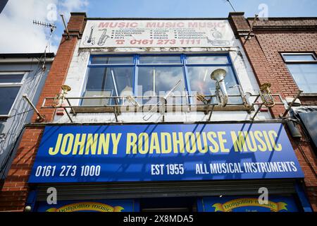 Manchester Oxford Road couloir Johnny Roadhouse magasin d'instruments de musique Banque D'Images