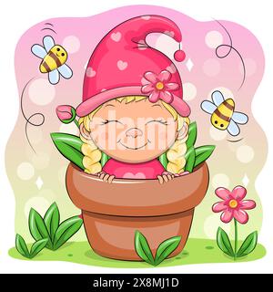 Fille de gnome de dessin animé mignon dans un pot de fleurs avec des abeilles et des fleurs. Illustration vectorielle de la femme naine dans la nature. Illustration de Vecteur