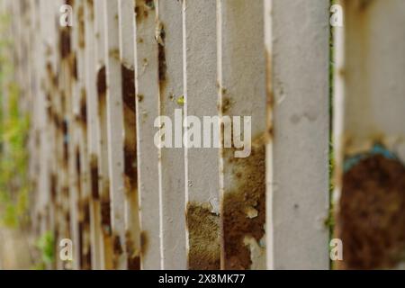 Une vue détaillée d'une clôture métallique altérée recouverte de rouille. Banque D'Images