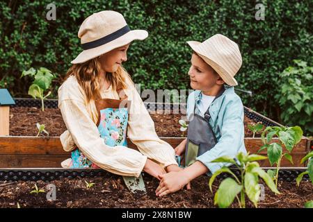 Fille et garçon prenant soin de petites plantes de légumes dans un lit surélevé, tenant une petite pelle. Enfance en plein air dans le jardin. Banque D'Images