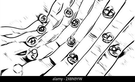 Grand nombre de boules noires et blanches roulant vers le bas sur la surface ondulée. Conception. Arc monochrome rond de bandes de flexion. Banque D'Images