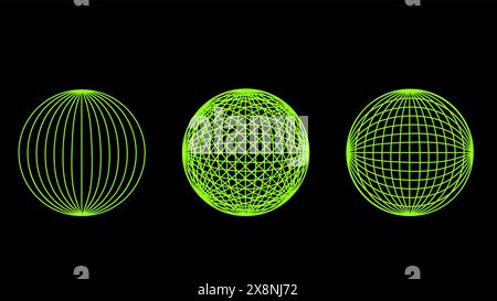 Modèles filaires 3D d'objets ligne de réseau. Formes géométriques atmosphère future. Design rétro futuriste pour élément technologique ou scientifique. Couleur vive. Illustration vectorielle. Illustration de Vecteur