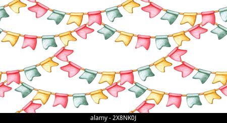 Drapeaux de couleurs jaune, rouge et vert, guirlande sur une illustration aquarelle de motif de corde. Isolé de l'arrière-plan pour une utilisation universelle dans les salutations, inv Banque D'Images