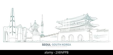 Vecteur de dessin de ligne de paysage urbain de corée du Sud. croquis de paysage urbain. illustration de repère de style esquisse. Illustration de Vecteur