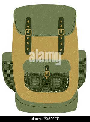 Sac à dos de dessin animé, sac de voyage, vue avant, sac d'école, dans des couleurs vintage vertes, illustration Banque D'Images